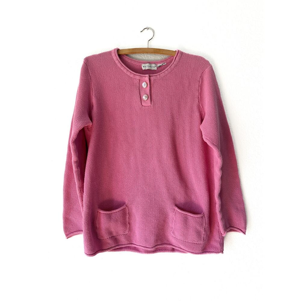 Pink Rolled Neck Textured Cotton Knit Henley Sweater Cottagecore , Coastal